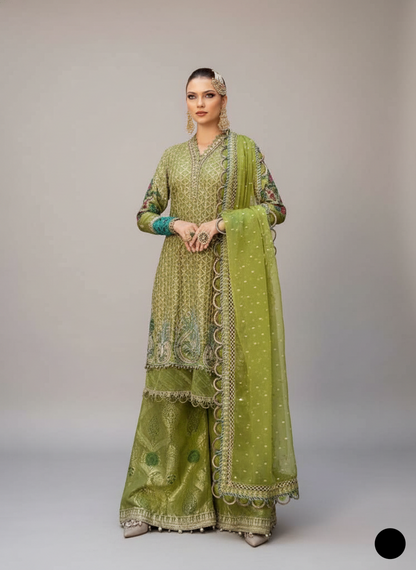 Chiffon straight shirt plazo ABL 4118 MDI - Pakistani women's formal wear with zari organza dupatta front view
