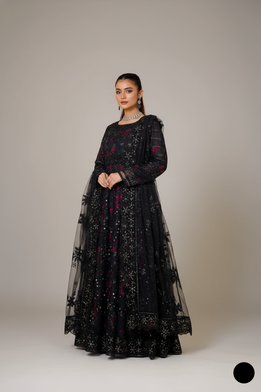 Organza straight shirt black - Pakistani women's elegant formal wear with viscose trouser and organza dupatta front view