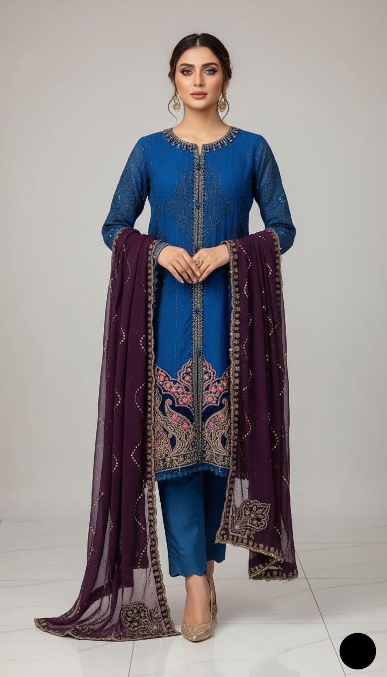 Organza A-Line shirt zinc grey - Pakistani women's elegant formal wear with viscose trouser and organza dupatta front view