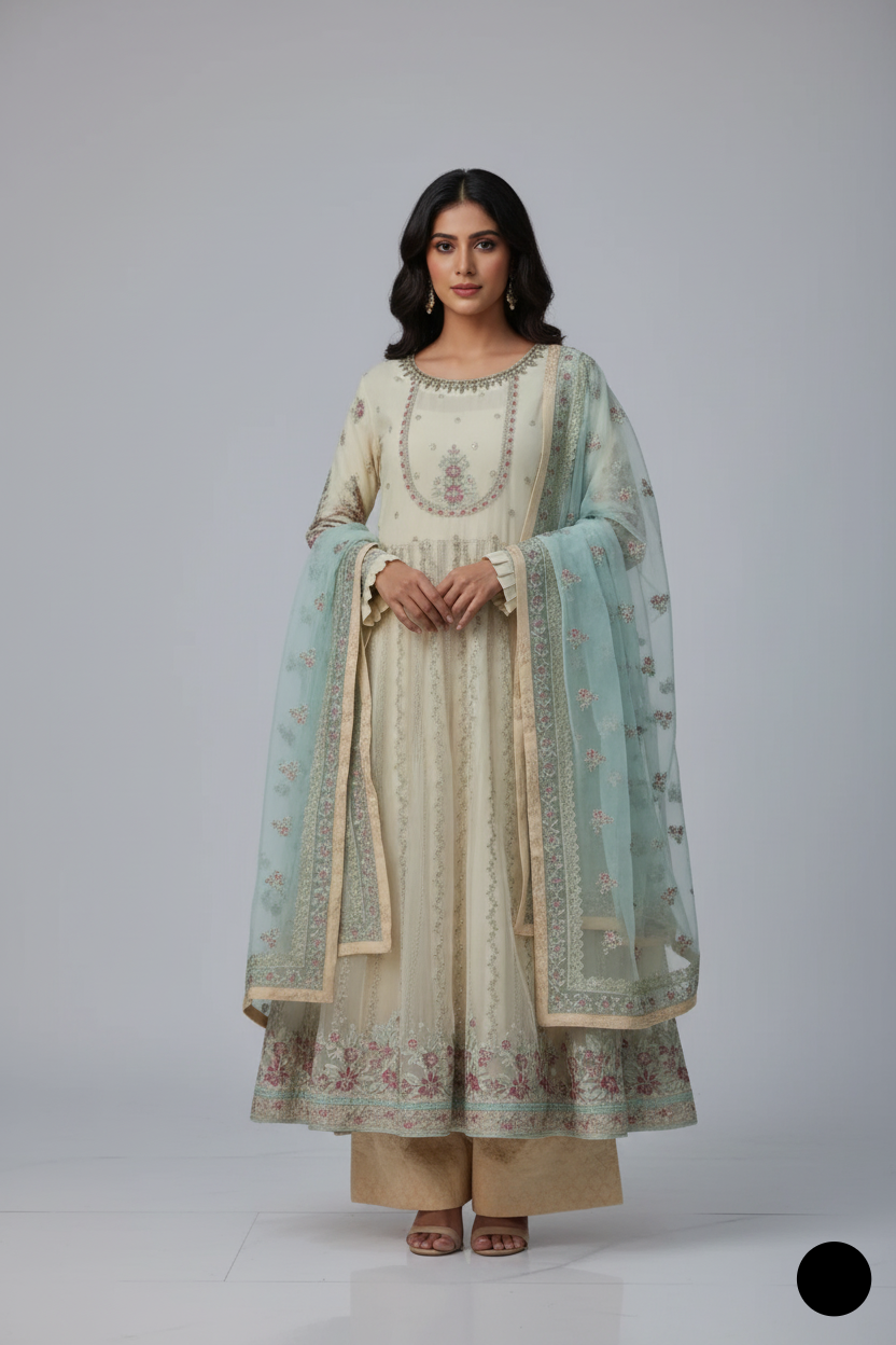 Organza frock style shirt ABL 3807 - Pakistani women's party wear with jamawar trouser front view