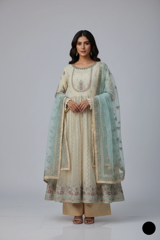 Organza frock style shirt ABL 3807 - Pakistani women's party wear with jamawar trouser front view