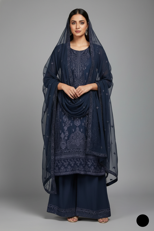 Silk straight shirt navy blue - Pakistani women's formal party wear with silk trouser and chiffon dupatta front view