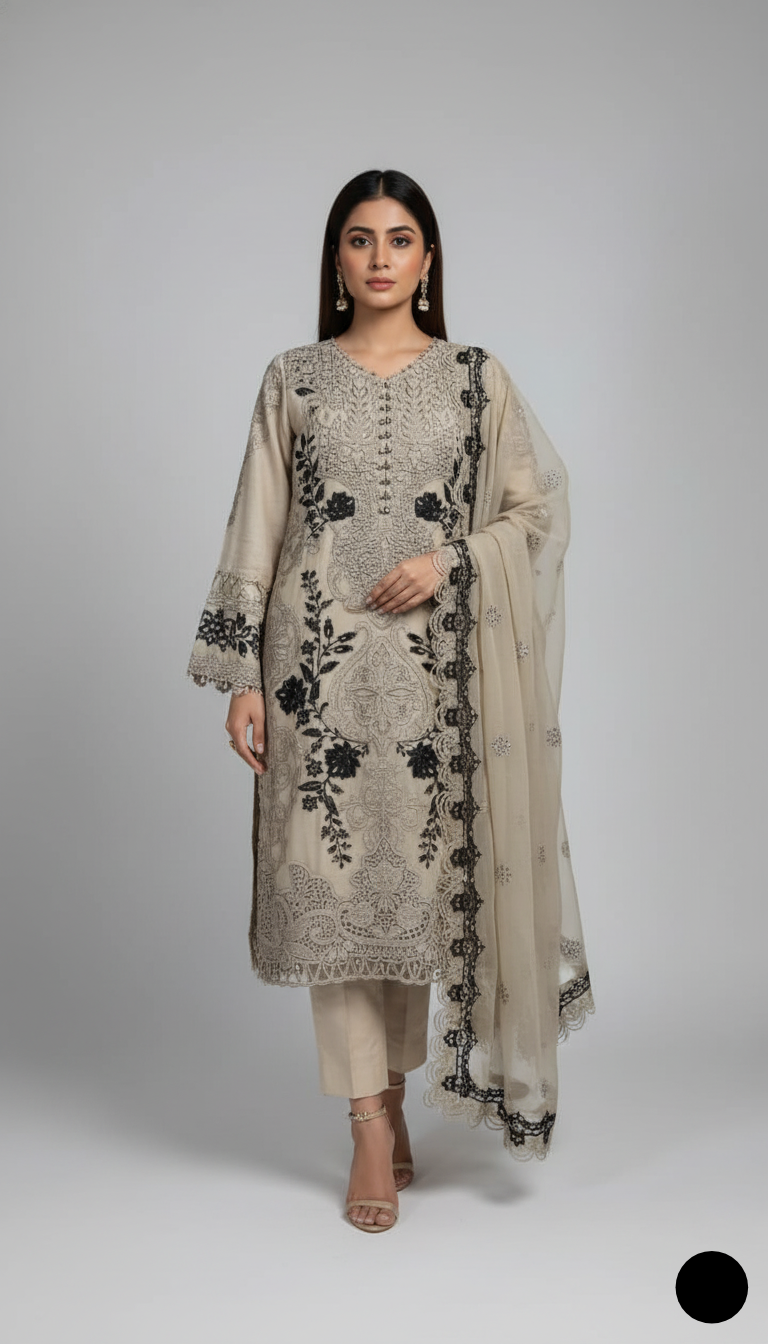 Chiffon straight shirt skin - Pakistani women's elegant party wear with viscose trouser and chiffon dupatta front view