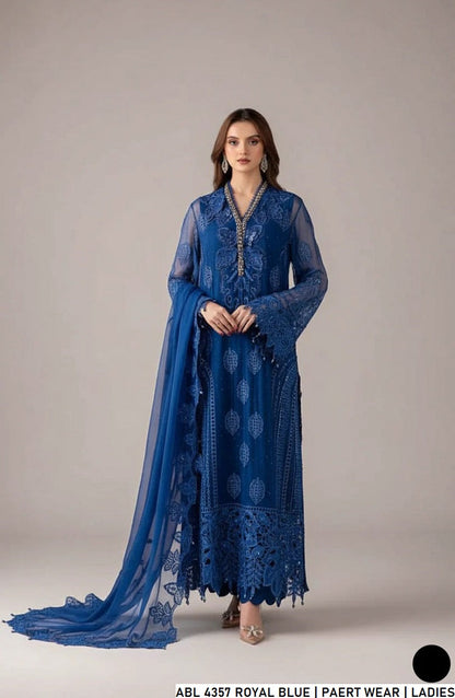 Organza A-Line shirt royal blue - Pakistani women's elegant formal wear with viscose trouser and organza dupatta front view