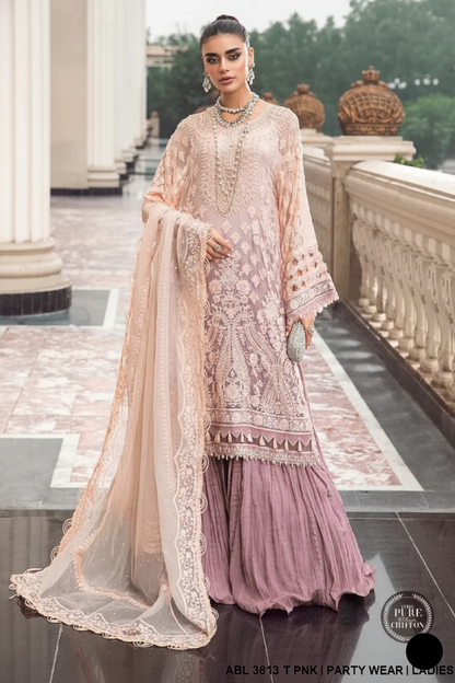 Chiffon straight shirt ABL 3813 - Pakistani women's elegant party wear with grip trouser front view