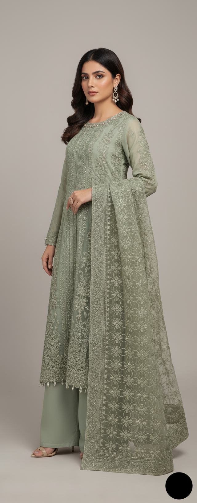 Organza straight shirt pista green - Pakistani women's elegant formal wear with viscose trouser and organza dupatta front view