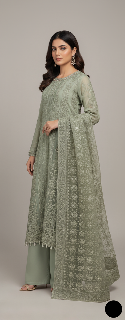 Organza straight shirt pista green - Pakistani women's elegant formal wear with viscose trouser and organza dupatta front view