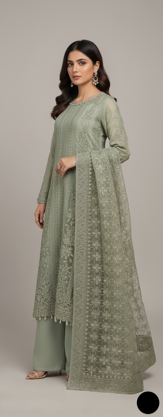 Organza straight shirt pista green - Pakistani women's elegant formal wear with viscose trouser and organza dupatta front view