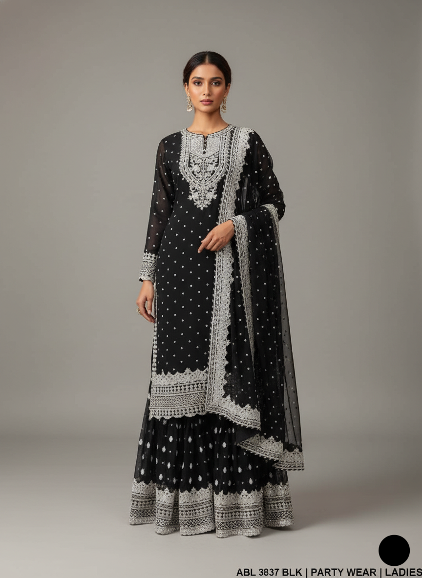 Chiffon straight shirt gharara ABL 3837 - Pakistani women's luxury party wear front view