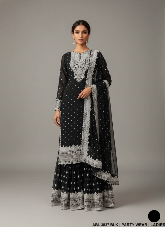 Chiffon straight shirt gharara ABL 3837 - Pakistani women's luxury party wear front view