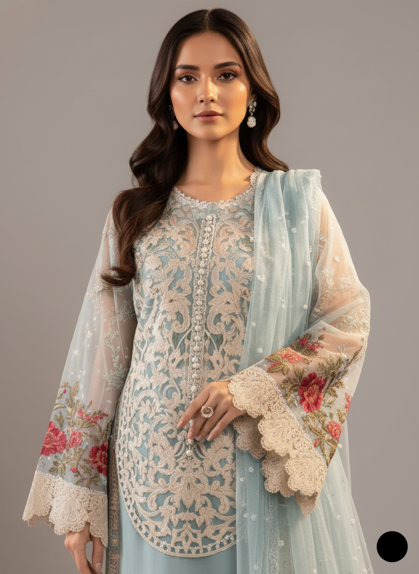 Organza A-Line shirt ABL 4030 - Pakistani women's elegant outfit with net dupatta front view