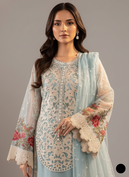 Organza A-Line shirt ABL 4030 - Pakistani women's elegant outfit with net dupatta front view