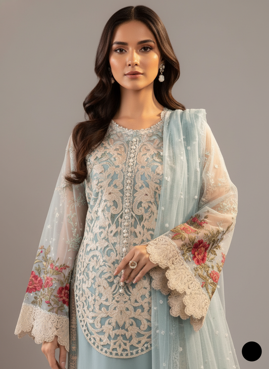 Organza A-Line shirt ABL 4030 - Pakistani women's elegant outfit with net dupatta front view