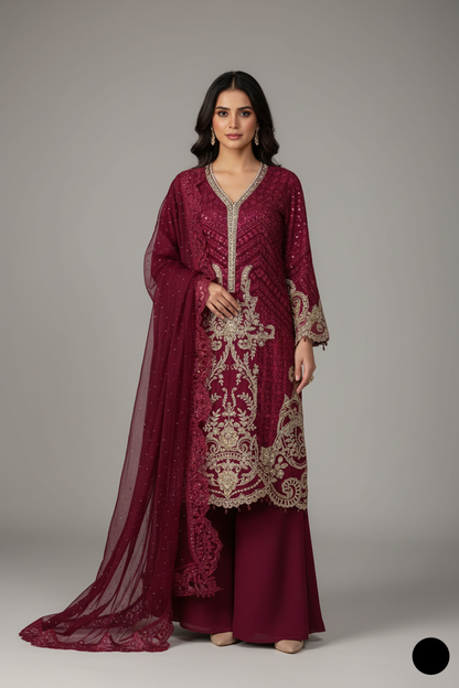 Organza straight shirt maroon - Pakistani women's elegant formal wear with viscose trouser and organza dupatta front view