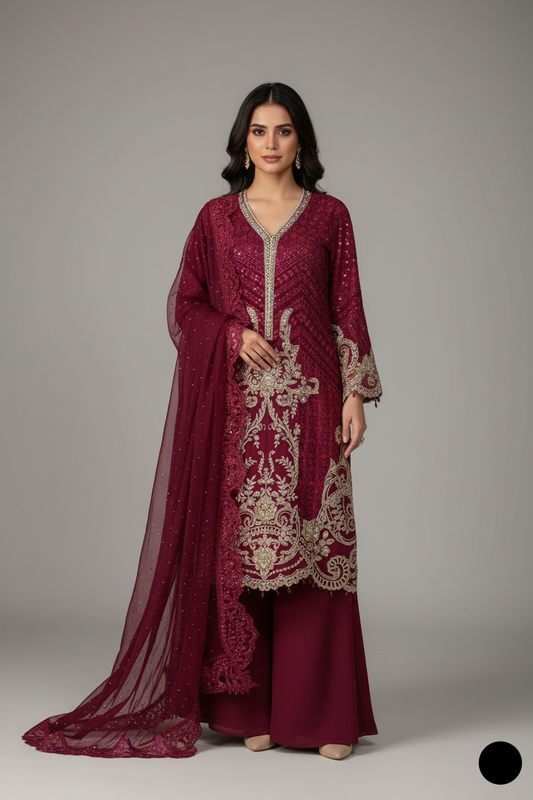 Organza straight shirt maroon - Pakistani women's elegant formal wear with viscose trouser and organza dupatta front view