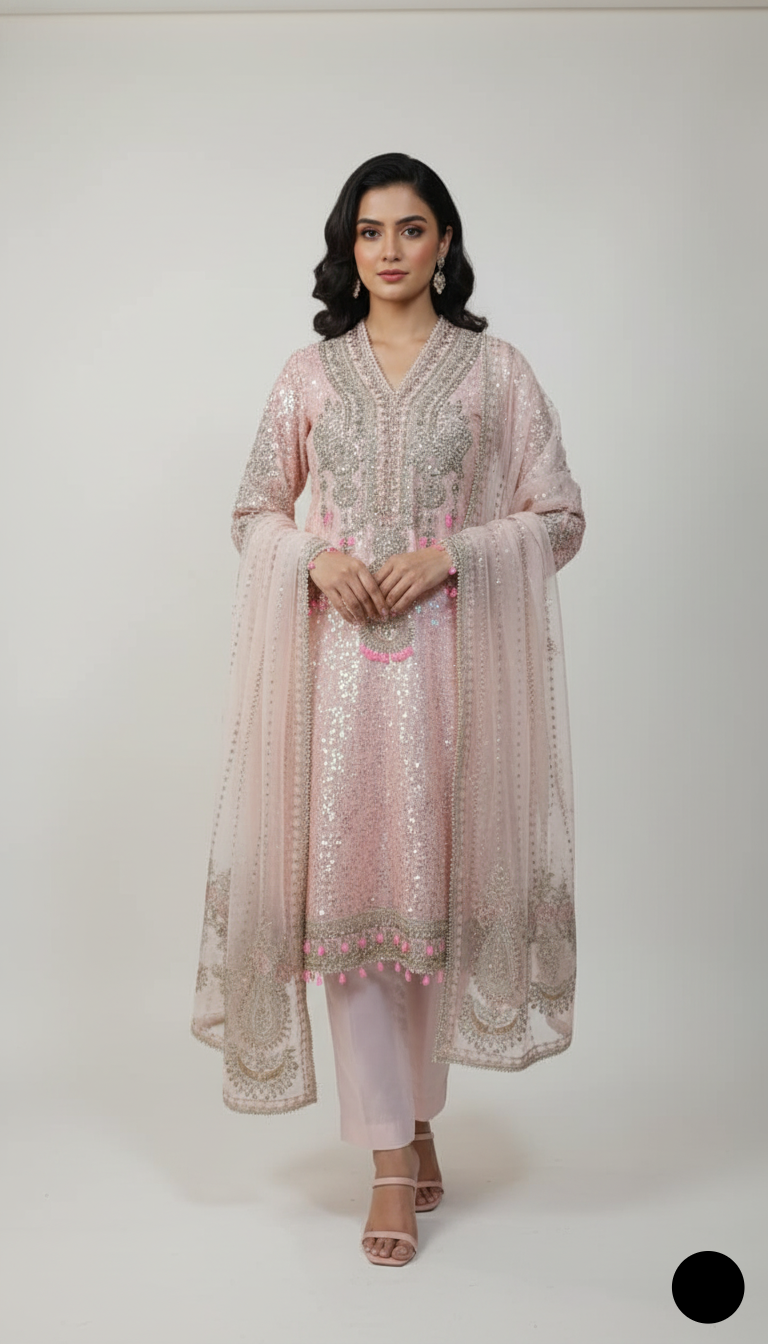 Soft net A-Line shirt plazo pink - Pakistani women's formal party wear with viscose plazo and net dupatta front view