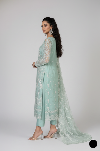 Pakistani women's light green chiffon straight shirt back view