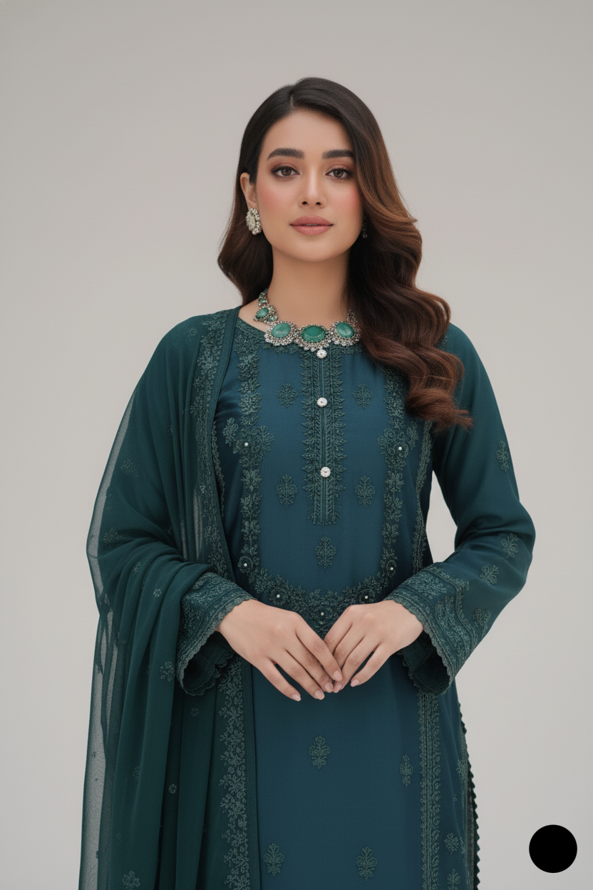 Bottle green silk Pakistani women's straight shirt side view