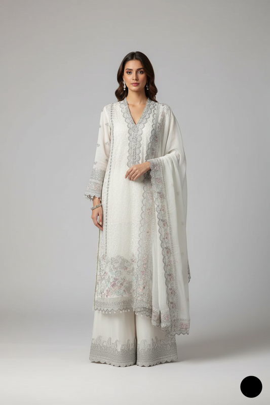 Organza open shirt off white - Pakistani women's elegant formal wear with viscose trouser and organza dupatta front view