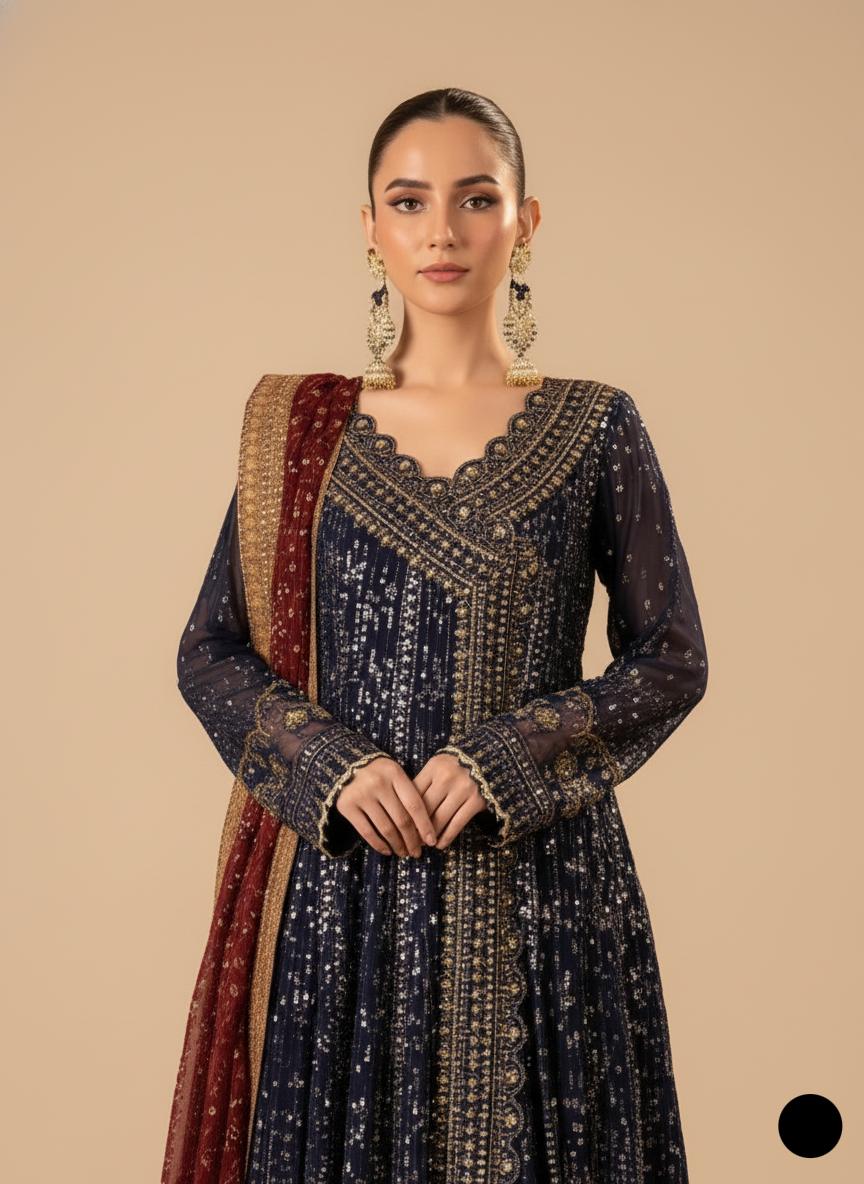 ABL 3860 Pakistani women's chiffon formal angrakha with embroidered dupatta detail view