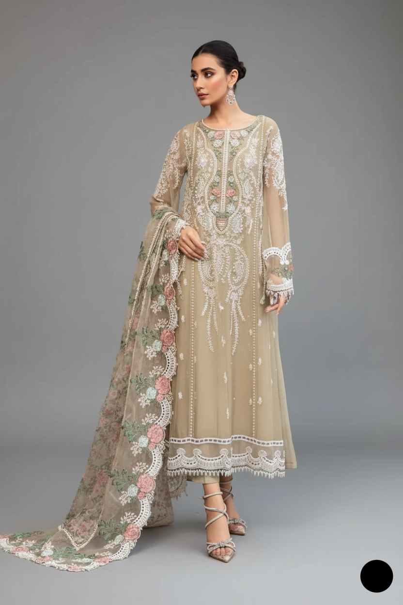Chiffon A-Line shirt skin - Pakistani women's elegant formal wear with viscose trouser and chiffon dupatta front view