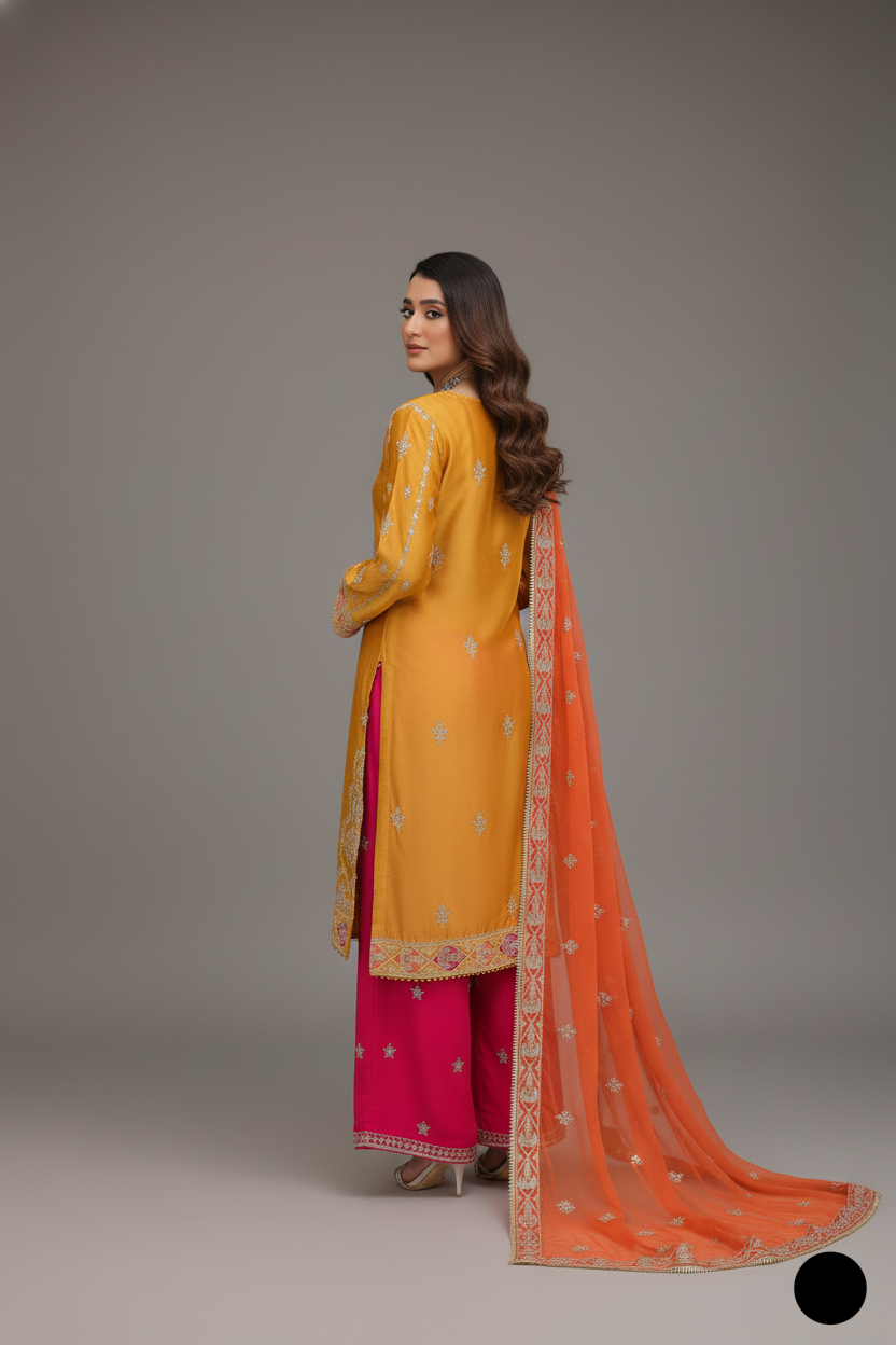 Pakistani women's mustard yellow silk straight shirt back view