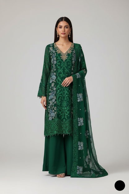 Organza straight shirt green - Pakistani women's elegant formal wear with viscose trouser and organza dupatta front view