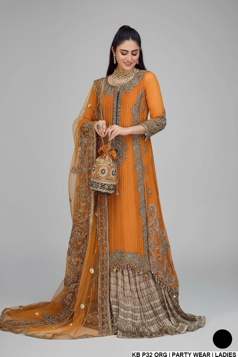 Crinkle chiffon embroidered sharara KB P252 - Pakistani women's luxury bridal wear front view