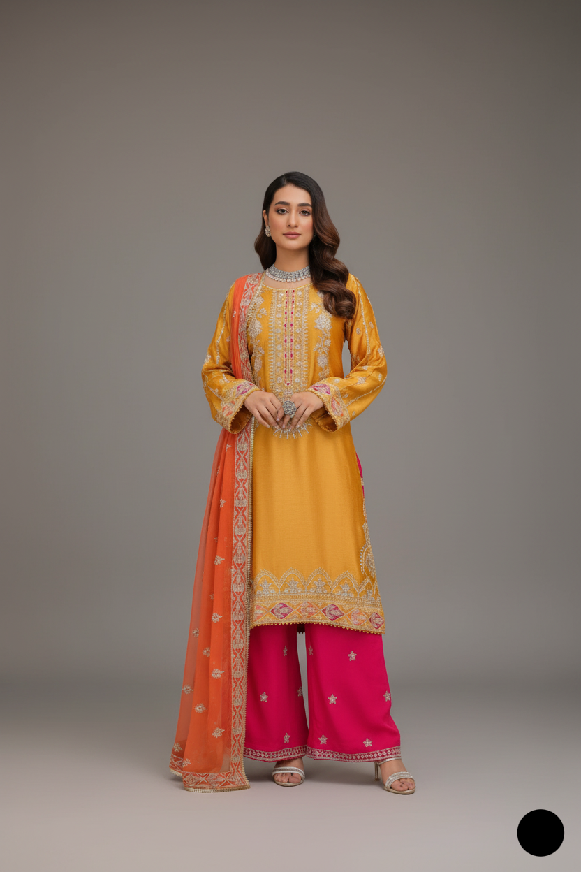 Silk straight shirt mustard yellow - Pakistani women's formal party wear with silk trouser and chiffon dupatta front view
