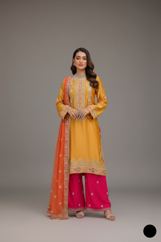 Silk straight shirt mustard yellow - Pakistani women's formal party wear with silk trouser and chiffon dupatta front view