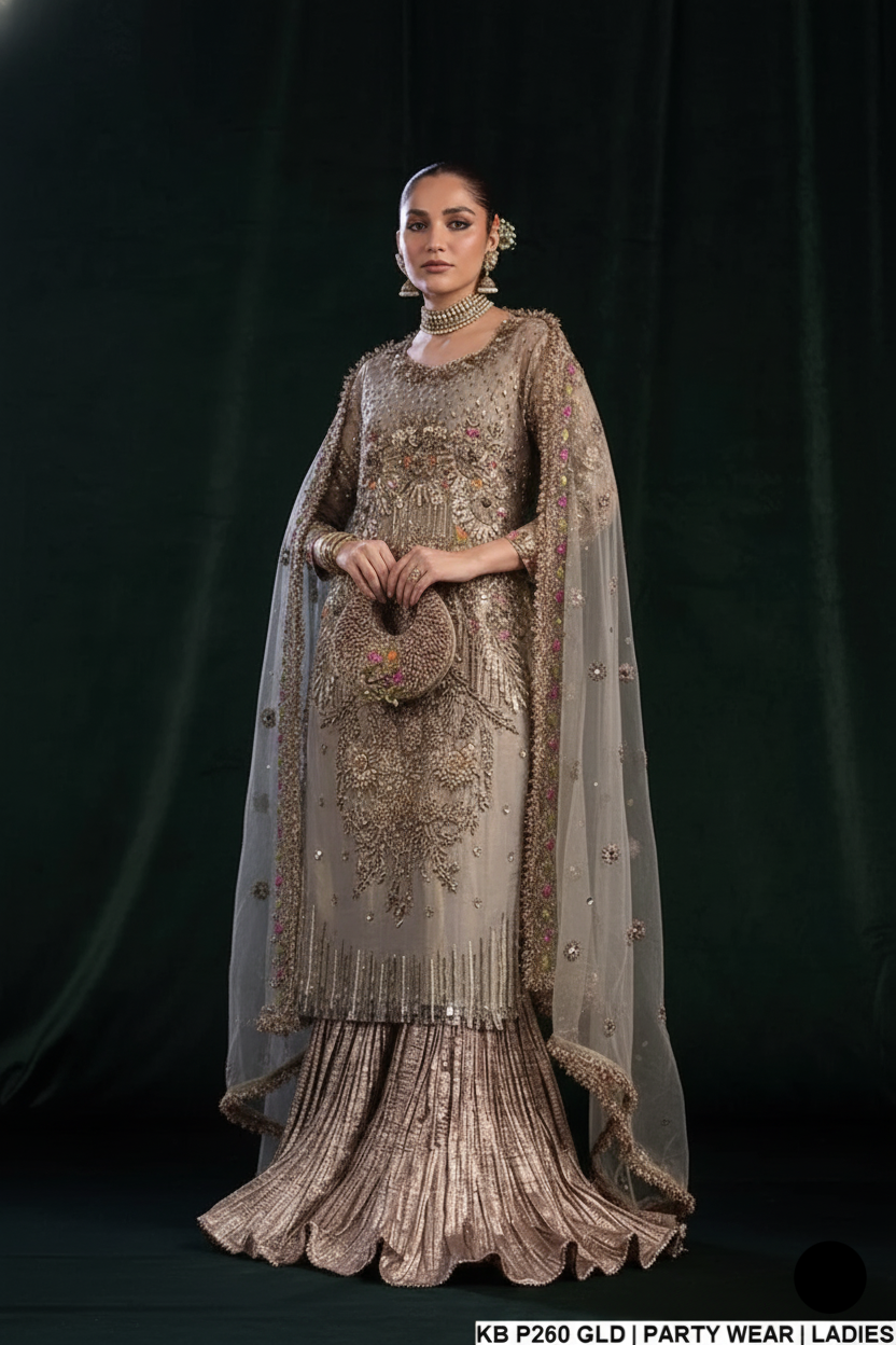 Pure resham mesuri hand embroidered sharara KB P260 GOLDEN - Pakistani women's bridal luxury wear front view