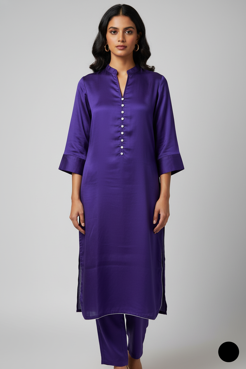 Silk A-Line shirt purple - Pakistani women's formal party wear with silk trouser and chiffon dupatta front view