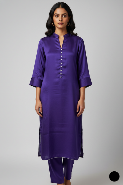 Silk A-Line shirt purple - Pakistani women's formal party wear with silk trouser and chiffon dupatta front view