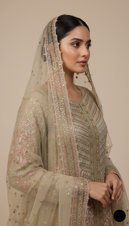 Pakistani women's skin organza straight shirt plazo detail view