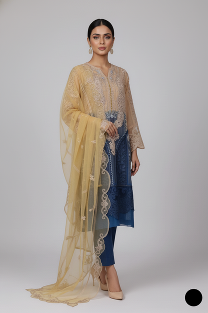 Pakistani women's fawn chiffon straight shirt plazo detail view