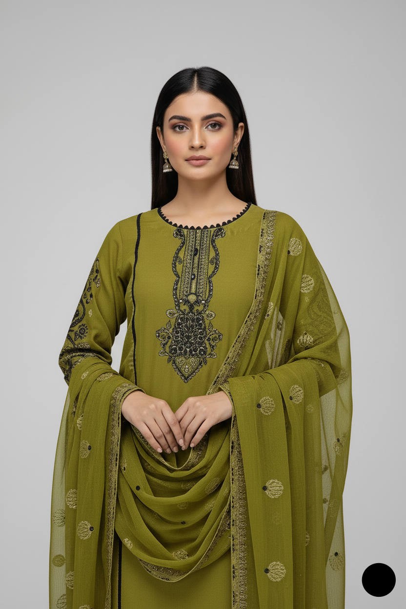 Mehndi green chiffon Pakistani women's short shirt with farshi shalwar side view