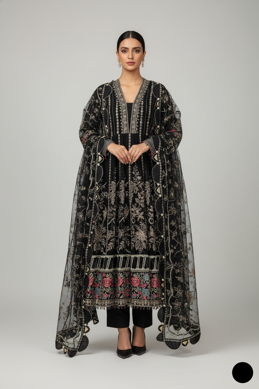 Khaadi Net long frock ABL 4121 BLK - Pakistani women's party wear with organza dupatta front view