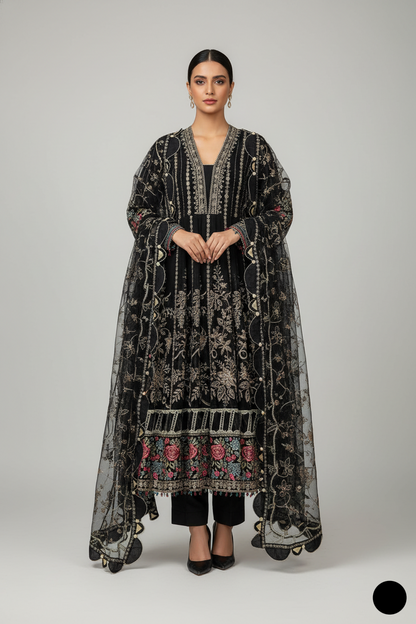 Khaadi Net long frock ABL 4121 BLK - Pakistani women's party wear with organza dupatta front view