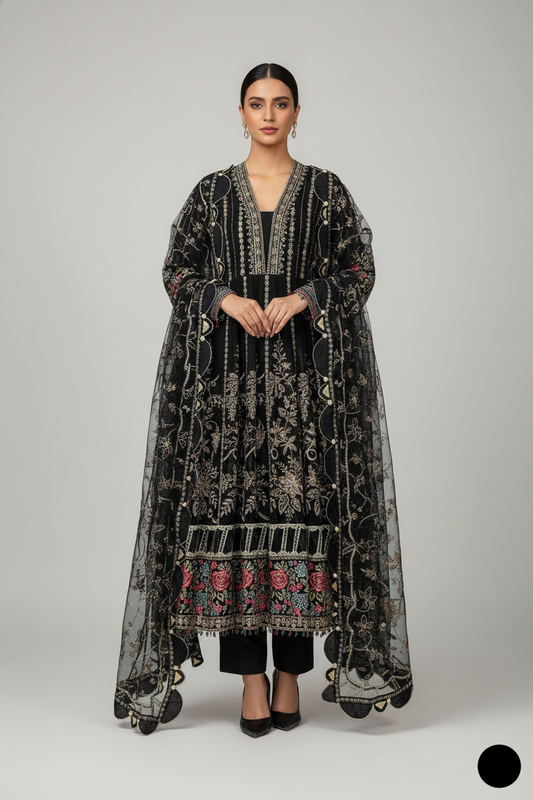Khaadi Net long frock ABL 4121 BLK - Pakistani women's party wear with organza dupatta front view