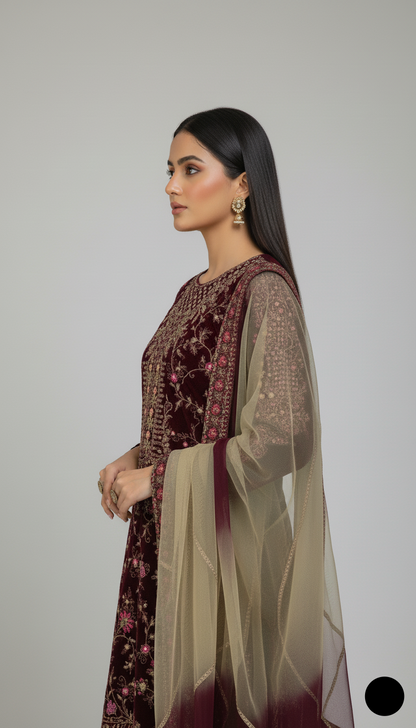 Pakistani women's maroon velvet open shirt detail view