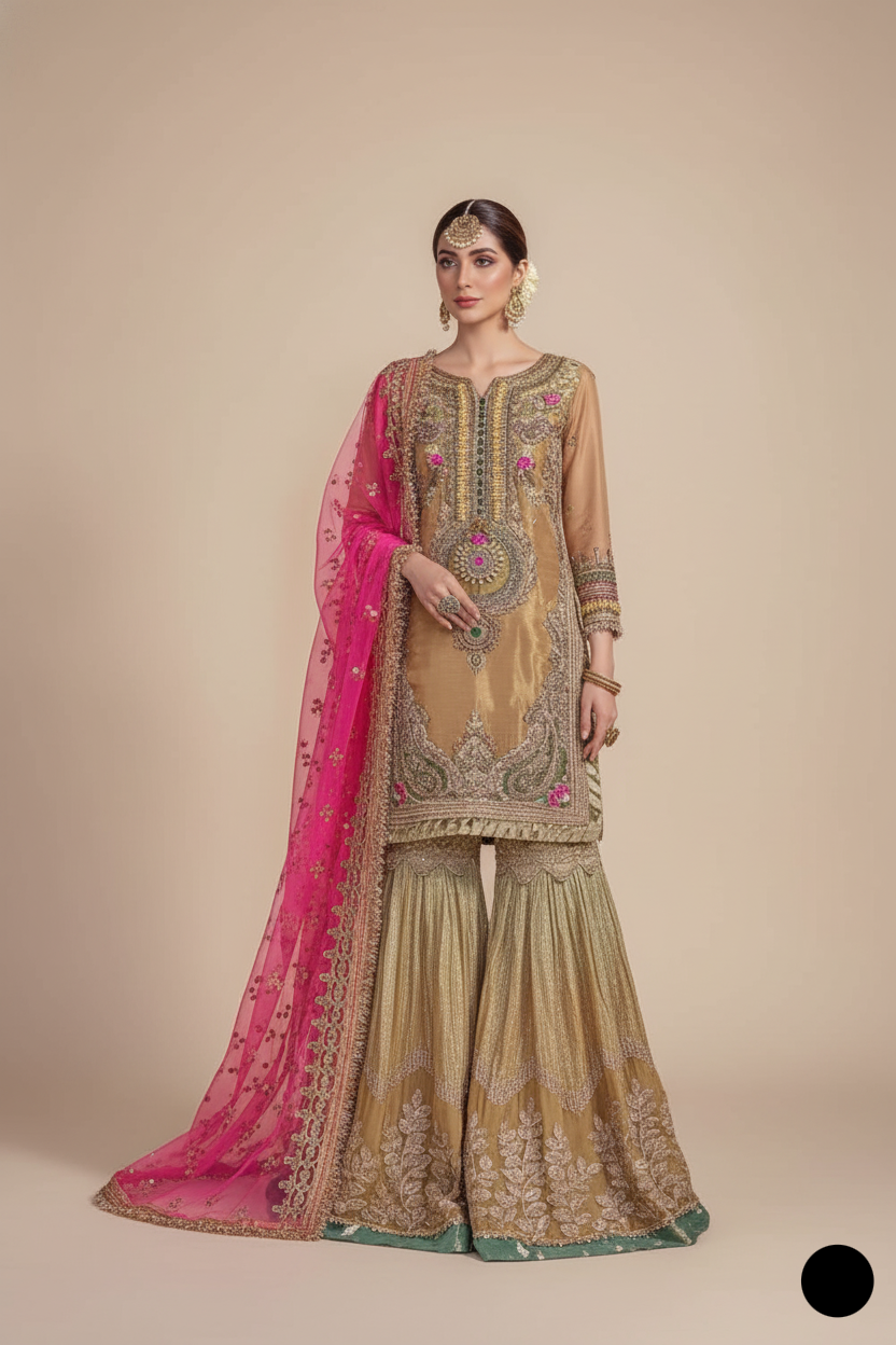Masuri straight shirt gharara KB P231 GOLDEN - Pakistani women's luxury party wear with chiffon gharara front view