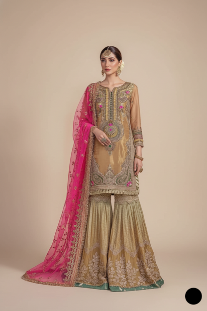 Masuri straight shirt gharara KB P231 GOLDEN - Pakistani women's luxury party wear with chiffon gharara front view
