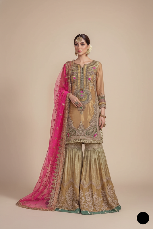 Masuri straight shirt gharara KB P231 GOLDEN - Pakistani women's luxury party wear with chiffon gharara front view