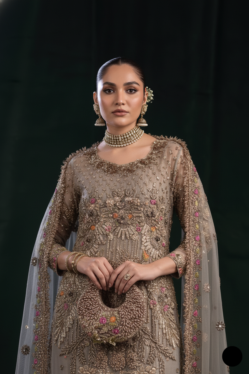 KB P260 GOLDEN resham mesuri Pakistani women's embroidered sharara side view