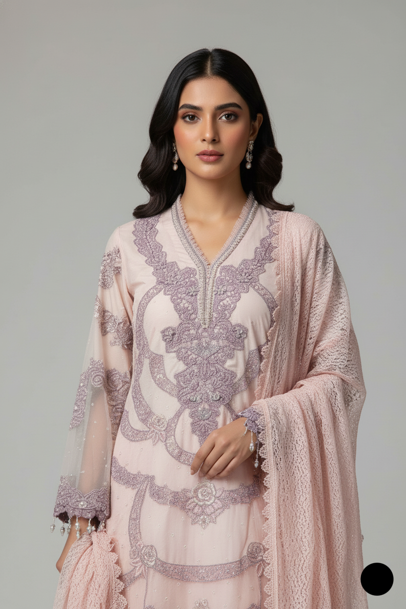 Pink organza Pakistani women's A-Line shirt side view