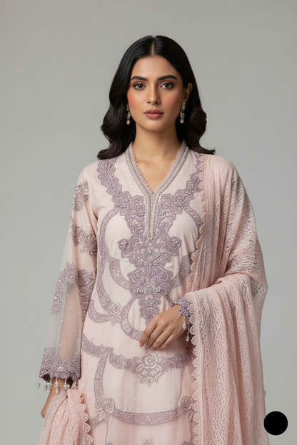 Pink organza Pakistani women's A-Line shirt side view