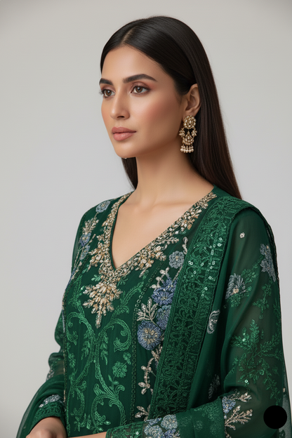 Pakistani women's green organza straight shirt detail view