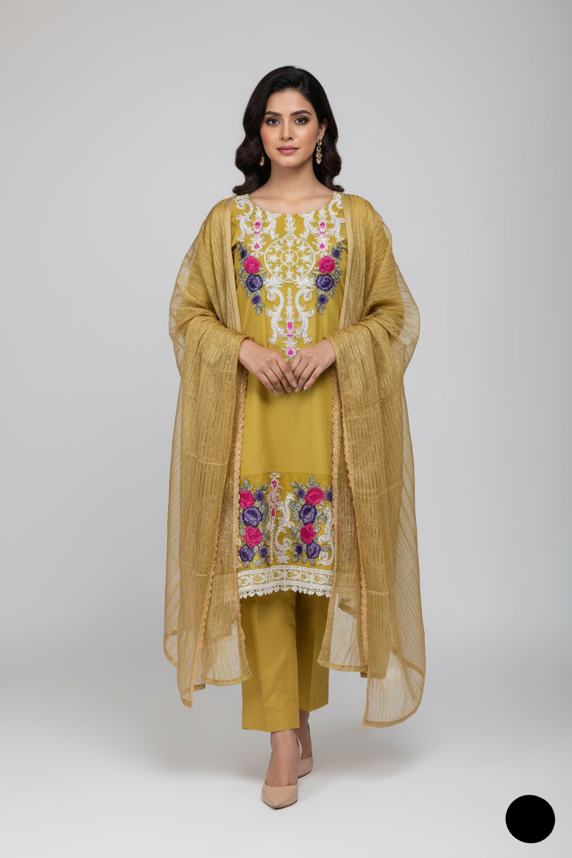 Lawn A-Line shirt yellow - Pakistani women's casual summer outfit with cotton trouser and lawn dupatta front view