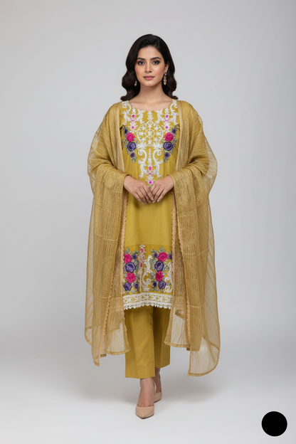 Lawn A-Line shirt yellow - Pakistani women's casual summer outfit with cotton trouser and lawn dupatta front view