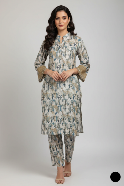 Lawn A-Line printed shirt - Pakistani women's casual summer outfit with cotton trouser and lawn dupatta front view